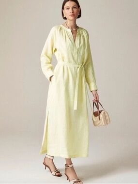 NWT J.Crew Cabana Dress Linen Long Sleeve Pale Flax /Yellow Size Small
